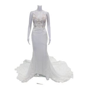 Enzoani Womens Floral Embroidered Lace Trim Wedding Dress White Size Small